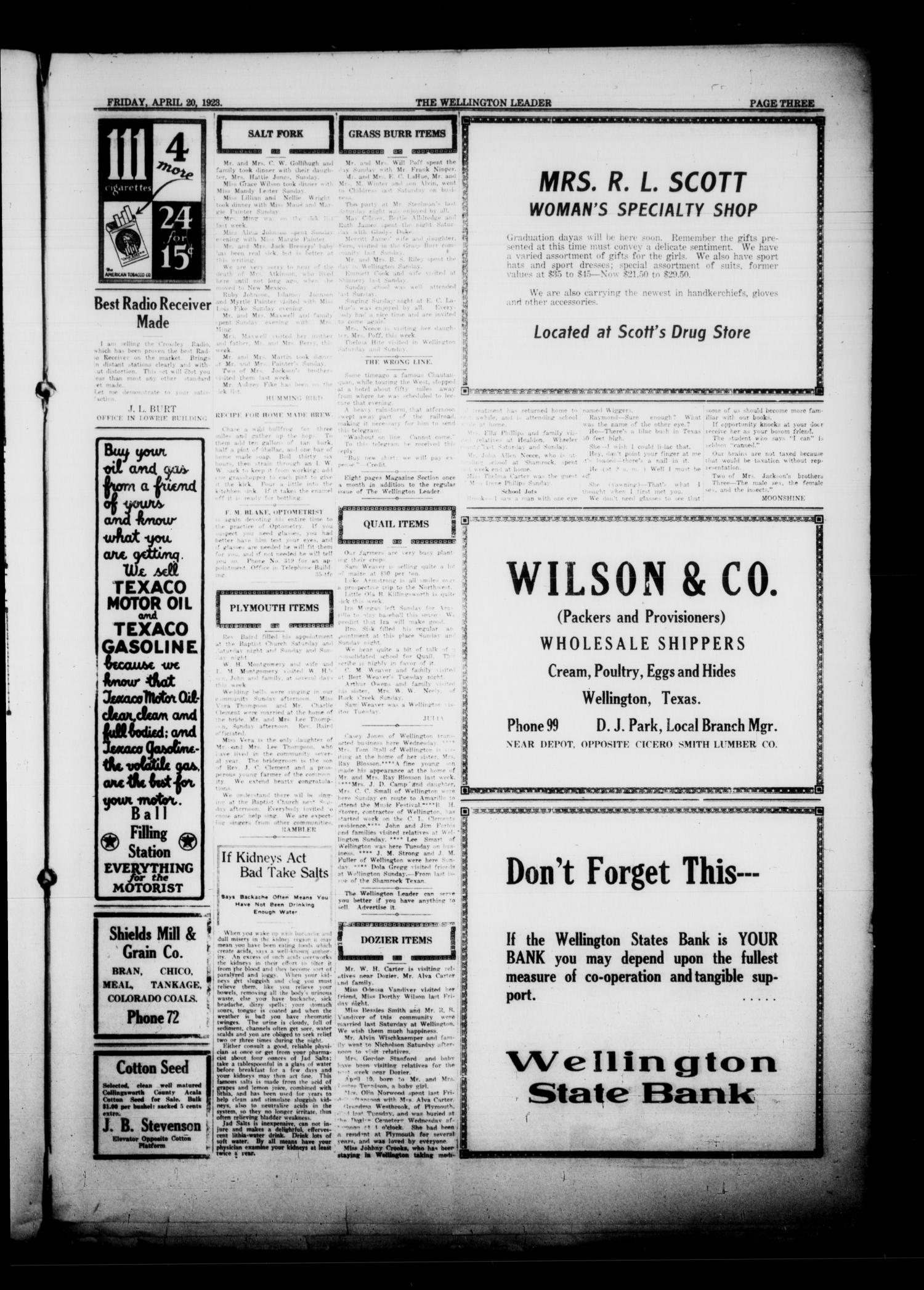 The Wellington Leader (Wellington, Tex.), Vol. 14, No. 38, Ed. 1 Friday, April 20, 1923
                                                
                                                    [Sequence #]: 3 of 8
                                                