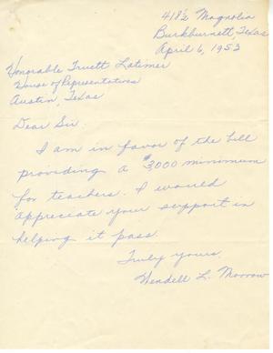 Primary view of object titled '[Letter from Wendell L. Morrow to Truett Latimer, April 6, 1953]'.