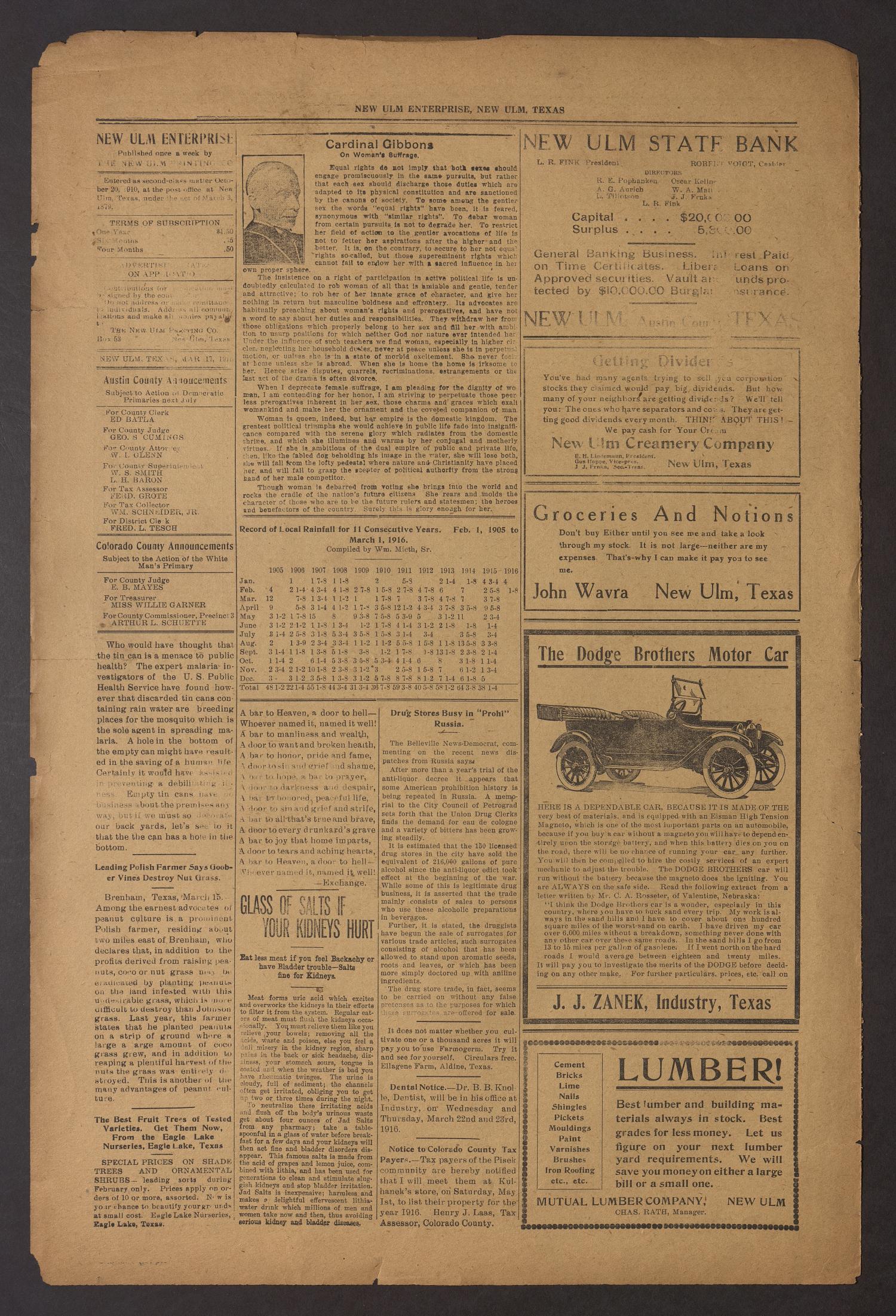 New Ulm Enterprise (New Ulm, Tex.), Vol. 6, No. 26, Ed. 1 Friday, March 17, 1916
                                                
                                                    [Sequence #]: 4 of 8
                                                