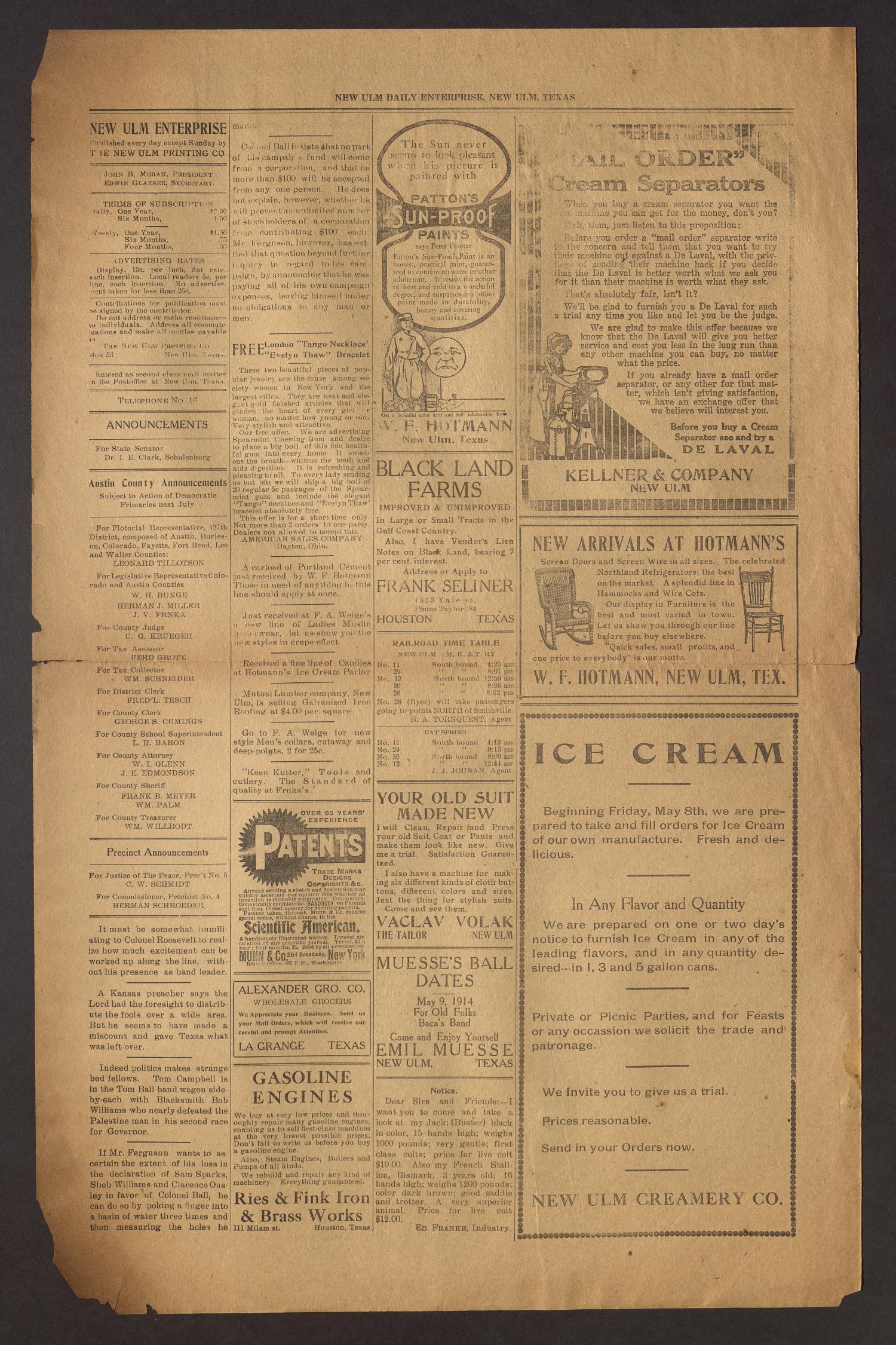 New Ulm Daily Enterprise (New Ulm, Tex.), Vol. 4, No. 196, Ed. 1 Monday, May 4, 1914
                                                
                                                    [Sequence #]: 2 of 4
                                                