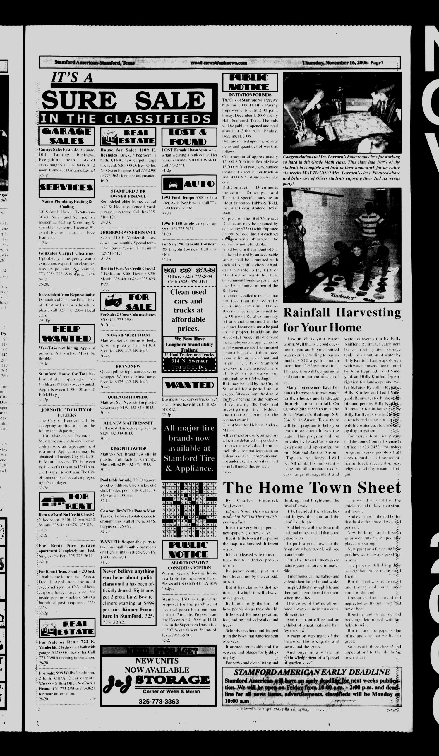 Stamford American (Stamford, Tex.), Vol. 85, No. 32, Ed. 1 Thursday, November 16, 2006
                                                
                                                    [Sequence #]: 7 of 8
                                                
