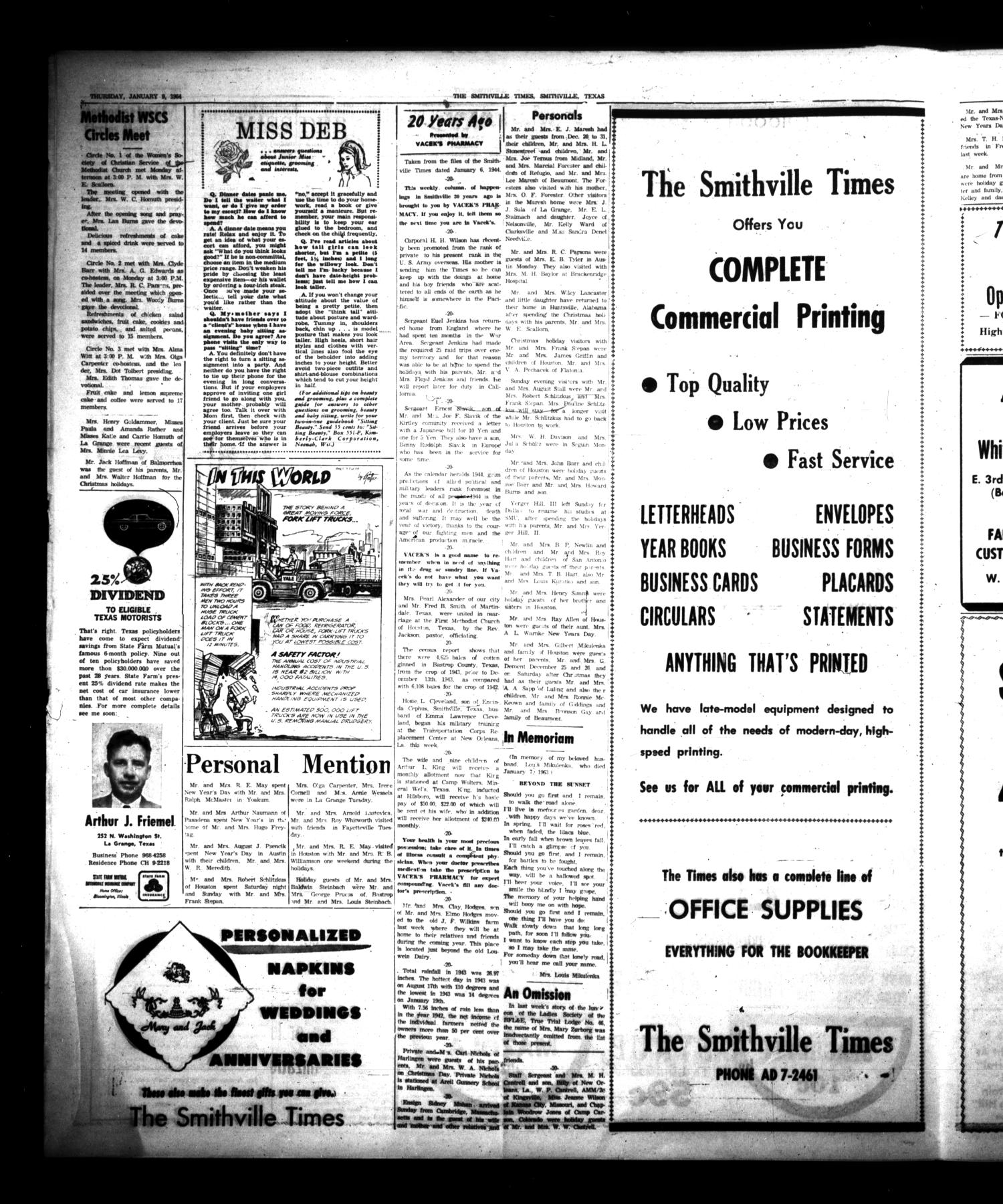 The Smithville Times Transcript and Enterprise (Smithville, Tex.), Vol. 72, No. 2, Ed. 1 Thursday, January 9, 1964
                                                
                                                    [Sequence #]: 4 of 8
                                                