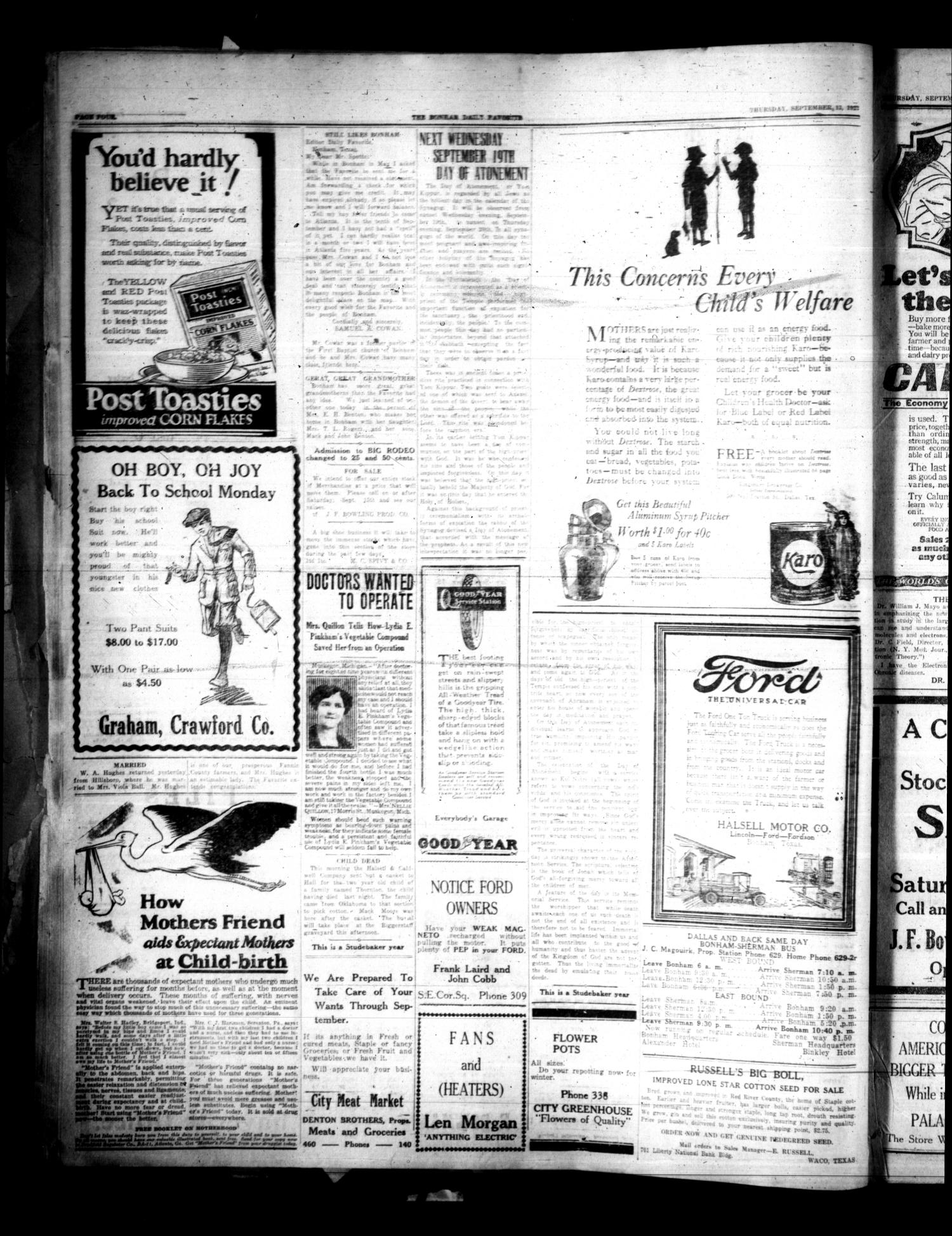 The Bonham Daily Favorite (Bonham, Tex.), Vol. 26, No. 58, Ed. 1 Thursday, September 13, 1923
                                                
                                                    [Sequence #]: 4 of 6
                                                