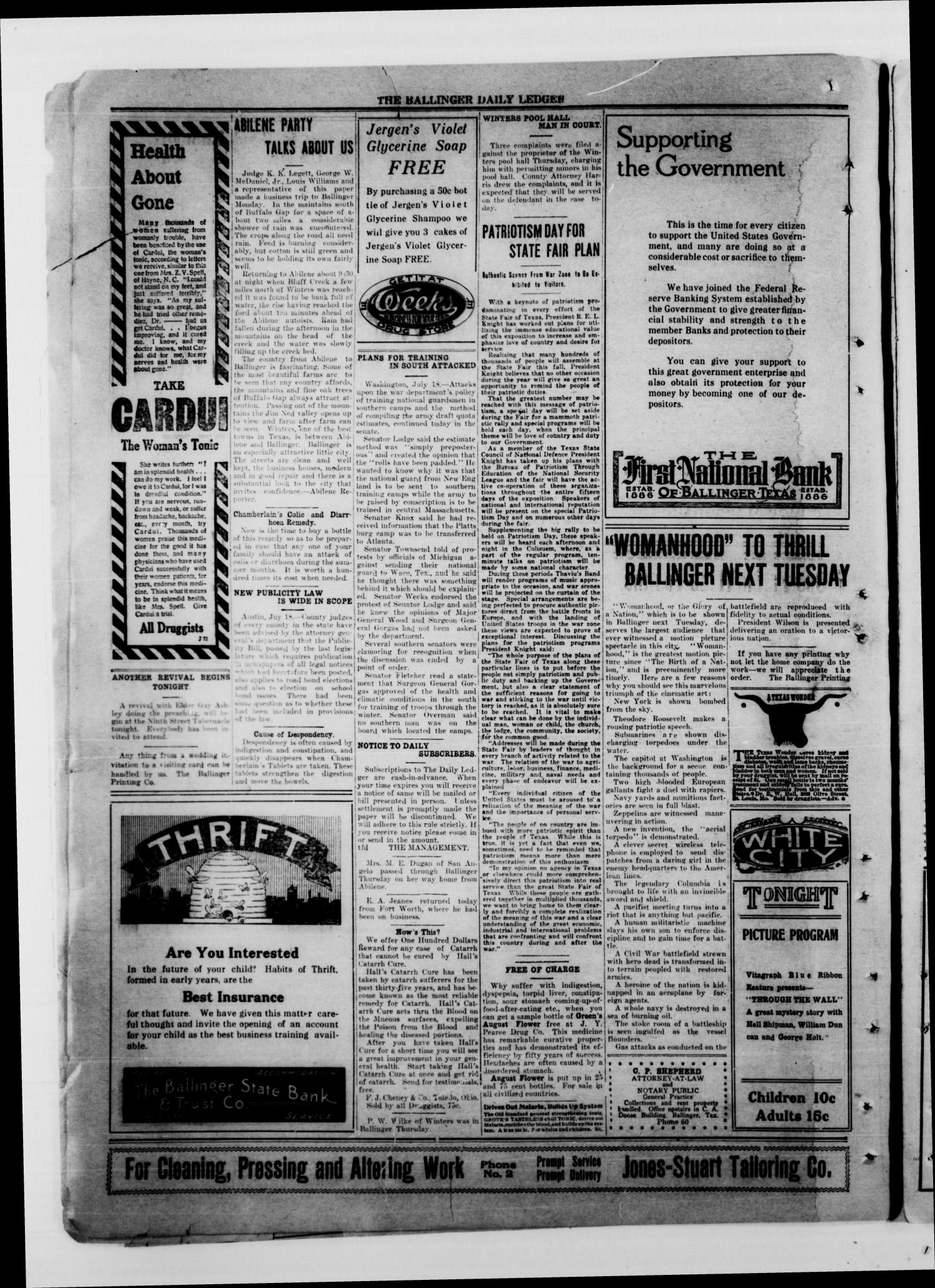 Ballinger Daily Ledger (Ballinger, Tex.), Vol. 12, Ed. 1 Thursday, July 19, 1917
                                                
                                                    [Sequence #]: 4 of 4
                                                