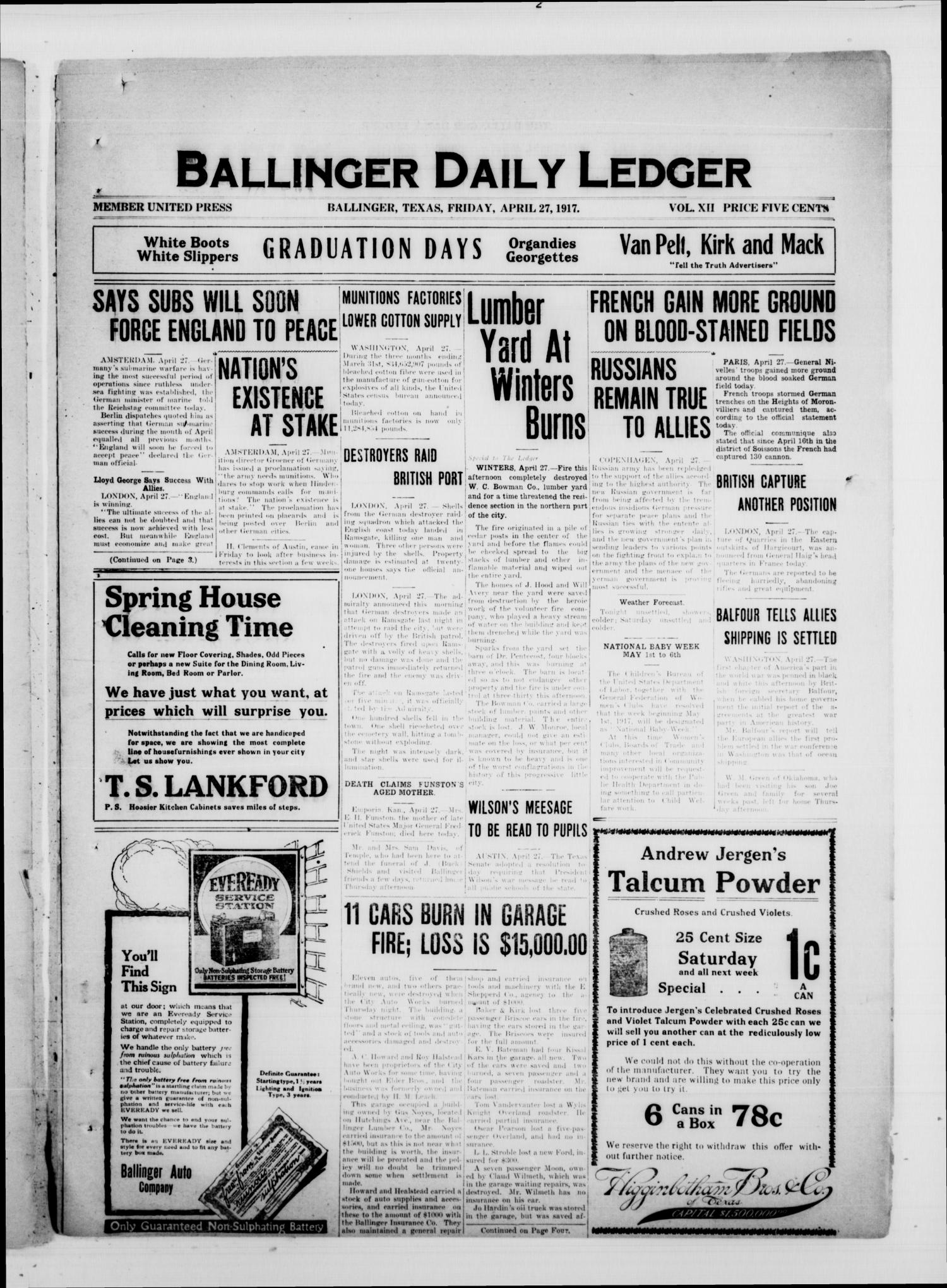 Ballinger Daily Ledger (Ballinger, Tex.), Vol. 12, Ed. 1 Friday, April 27, 1917
                                                
                                                    [Sequence #]: 1 of 4
                                                