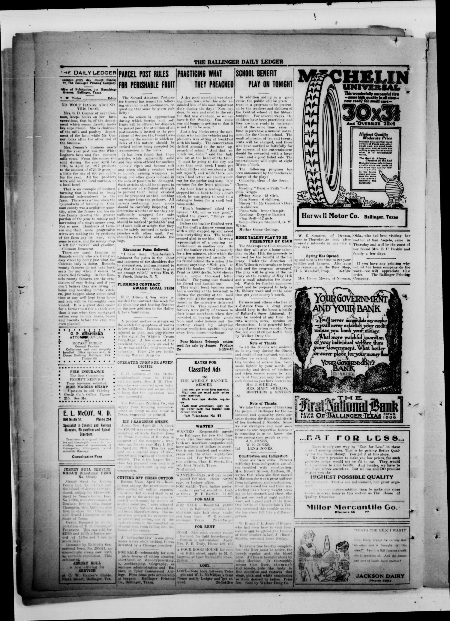 Ballinger Daily Ledger (Ballinger, Tex.), Vol. 12, Ed. 1 Friday, April 27, 1917
                                                
                                                    [Sequence #]: 2 of 4
                                                