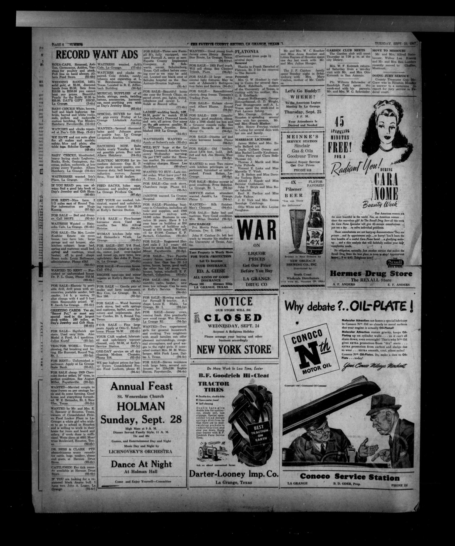 The Fayette County Record (La Grange, Tex.), Vol. 25, No. 94, Ed. 1 Tuesday, September 23, 1947
                                                
                                                    [Sequence #]: 4 of 4
                                                