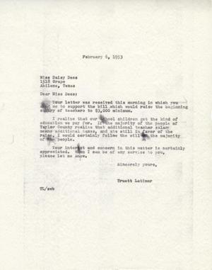 Primary view of object titled '[Letter from Truett Latimer to Daisy Dees, February 6, 1953]'.