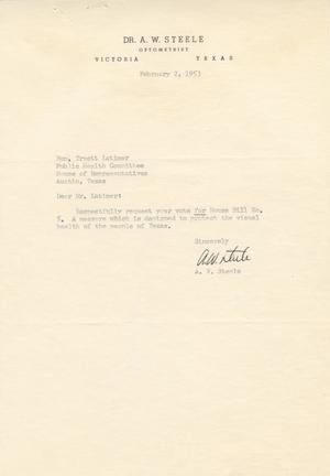 Primary view of object titled '[Letter from A. W. Steele to Truett Latimer, February 2, 1953]'.