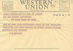 Primary view of object titled '[Telegram from R. B. McFall, May 19, 1953]'.