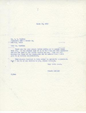 Primary view of object titled '[Letter from Truett Latimer to C. B. Wardlaw, March 18, 1953]'.