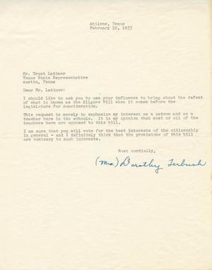 Primary view of object titled '[Letter from Mrs. Dorothy Terbush to Truett Latimer, February 10, 1953]'.