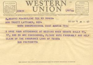 Primary view of object titled '[Telegram from Dub Pritchett, May 19, 1953]'.