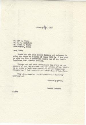 Primary view of object titled '[Letter from Truett Latimer to Ira E. Woods, B. W. Armistead, and Glenn S. Burke, February 20, 1953]'.