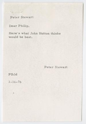Primary view of object titled '[Letter from Peter Stewart to Philip Johnson, January 16, 1976]'.