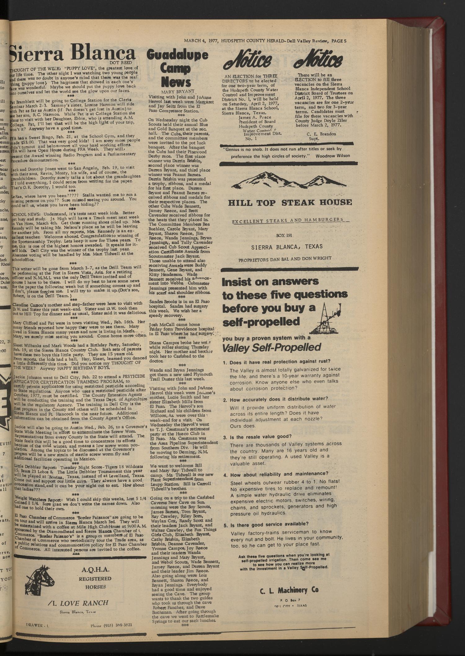Hudspeth County Herald and Dell Valley Review (Dell City, Tex.), Vol. 21, No. 27, Ed. 1 Friday, March 4, 1977
                                                
                                                    [Sequence #]: 5 of 8
                                                