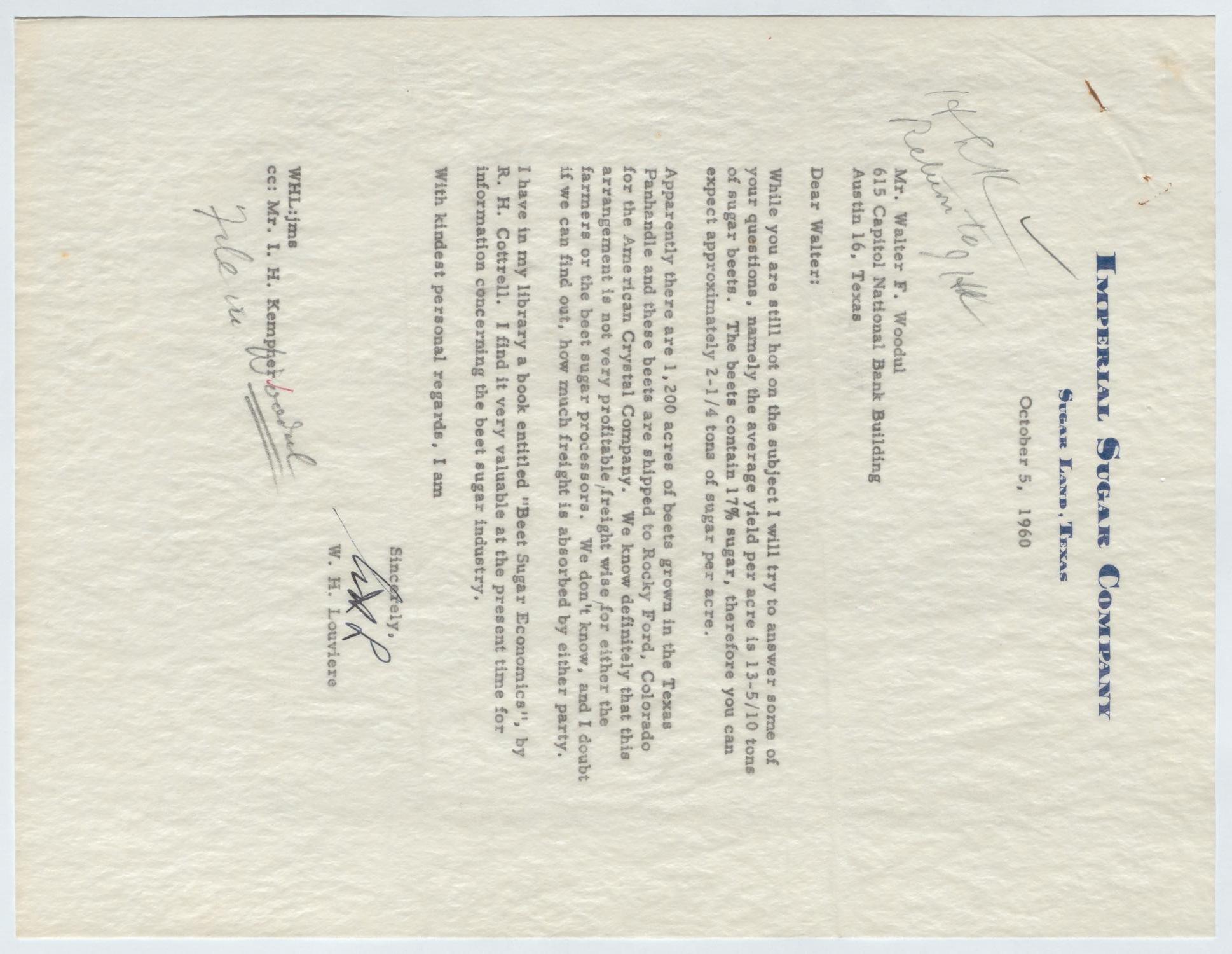 [Letter from William H. Louviere to Walter F. Woodul, October 5, 1960]
                                                
                                                    [Sequence #]: 1 of 2
                                                