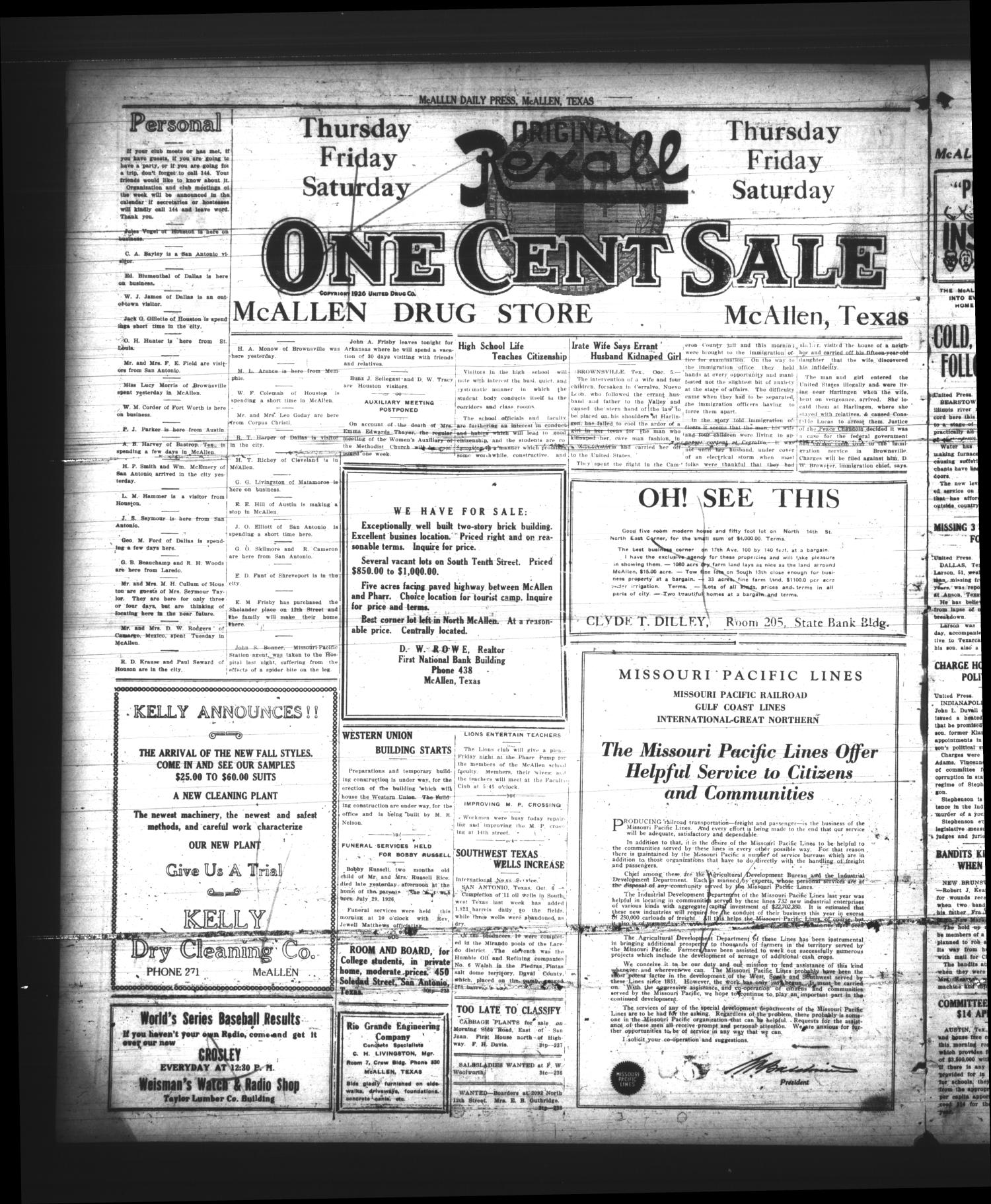 McAllen Daily Press (McAllen, Tex.), Vol. 5, No. 238, Ed. 1 Wednesday, October 6, 1926
                                                
                                                    [Sequence #]: 4 of 4
                                                
