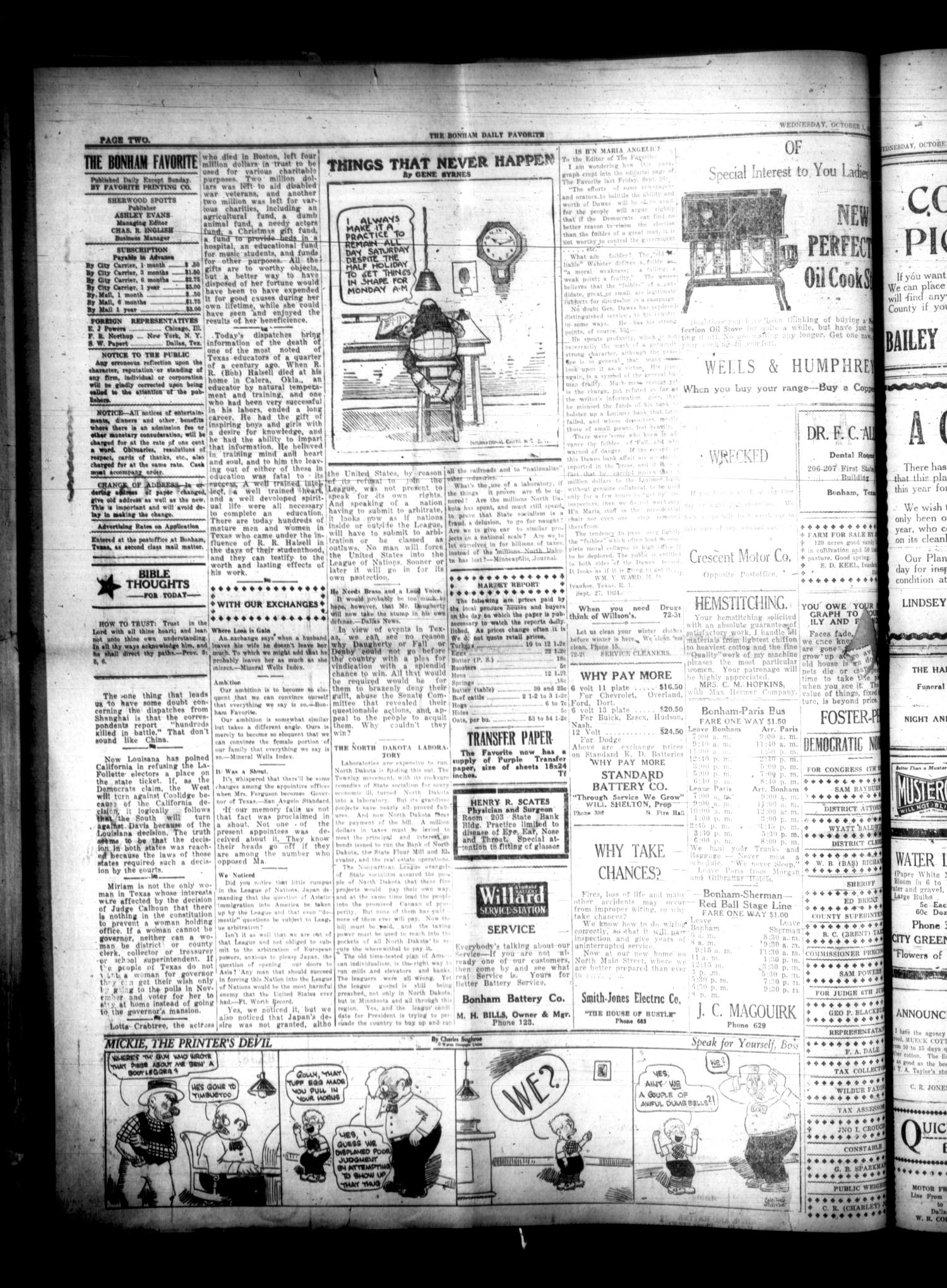 The Bonham Daily Favorite (Bonham, Tex.), Vol. 27, No. 73, Ed. 1 Wednesday, October 1, 1924
                                                
                                                    [Sequence #]: 2 of 6
                                                