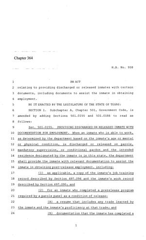 Primary view of object titled '86th Texas Legislature, Regular Session, House Bill 918, Chapter 364'.