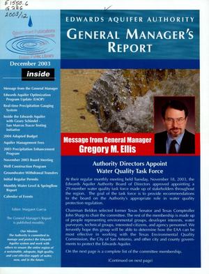 Primary view of object titled 'Edwards Aquifer Authority General Manager's Report, December 2003'.