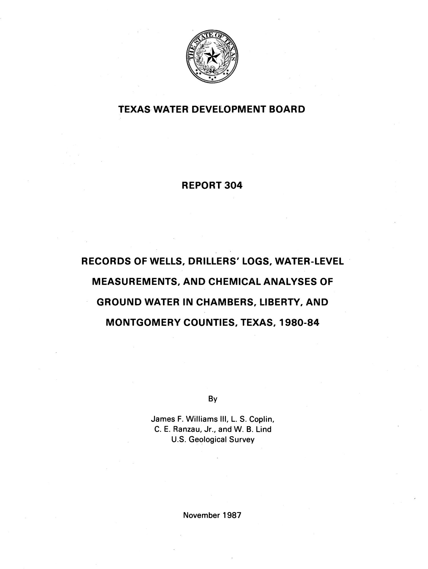 Records of Wells, Drillers' Logs, Water-Level Measurements, and Chemical Analyses of Ground Water in Chambers, Liberty, and Montgomery Counties, Texas, 1980-84
                                                
                                                    TITLE PAGE
                                                