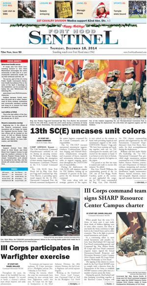 Primary view of object titled 'Fort Hood Sentinel (Fort Hood, Tex.), Vol. 72, No. 50, Ed. 1 Thursday, December 18, 2014'.