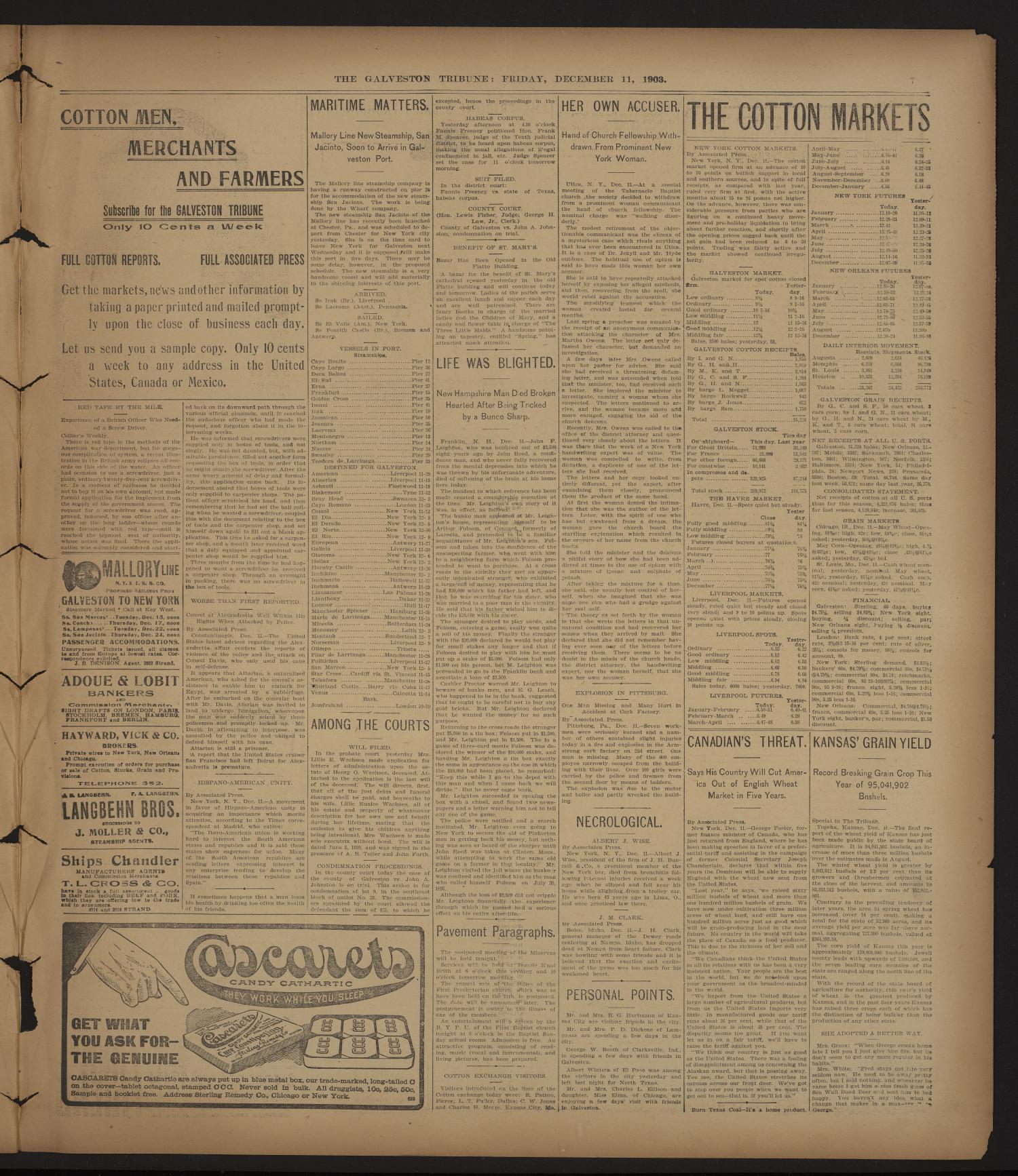Galveston Tribune. (Galveston, Tex.), Vol. 24, No. 14, Ed. 1 Friday, December 11, 1903
                                                
                                                    [Sequence #]: 7 of 8
                                                