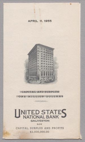 Primary view of object titled '[United States National Bank Statement of Condition Brochure, April 11, 1955]'.
