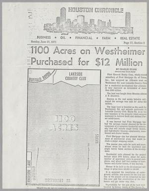 Primary view of object titled '[Clippings: 1100 Acres on Westheimer Purchased for $12 Million, First General buys 1,100 acres for new Westheimer development]'.