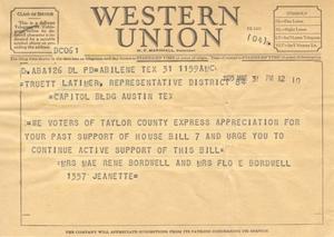 Primary view of object titled '[Telegram from Mrs. Mae Rene Bordwell and Mrs. Flo E. Bordwell, March 31, 1955]'.