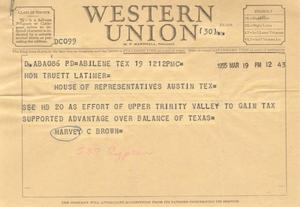 Primary view of object titled '[Telegram from Harvey C. Brown, March 19, 1955]'.