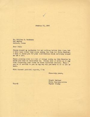 Primary view of [Letter from Truett Latimer to William D. Buchanan, January 17, 1955]