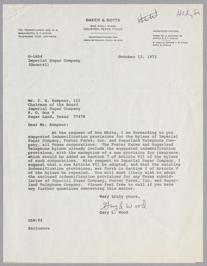Primary view of object titled '[Letter from Gary L. Wood to I. H. Kempner, III, October 12, 1973]'.