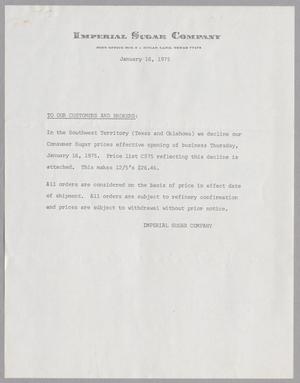 Primary view of object titled '[Letter from Imperial Sugar Company, January 16, 1975]'.