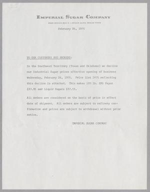 Primary view of object titled '[Letter from Imperial Sugar Company, February 26, 1975]'.