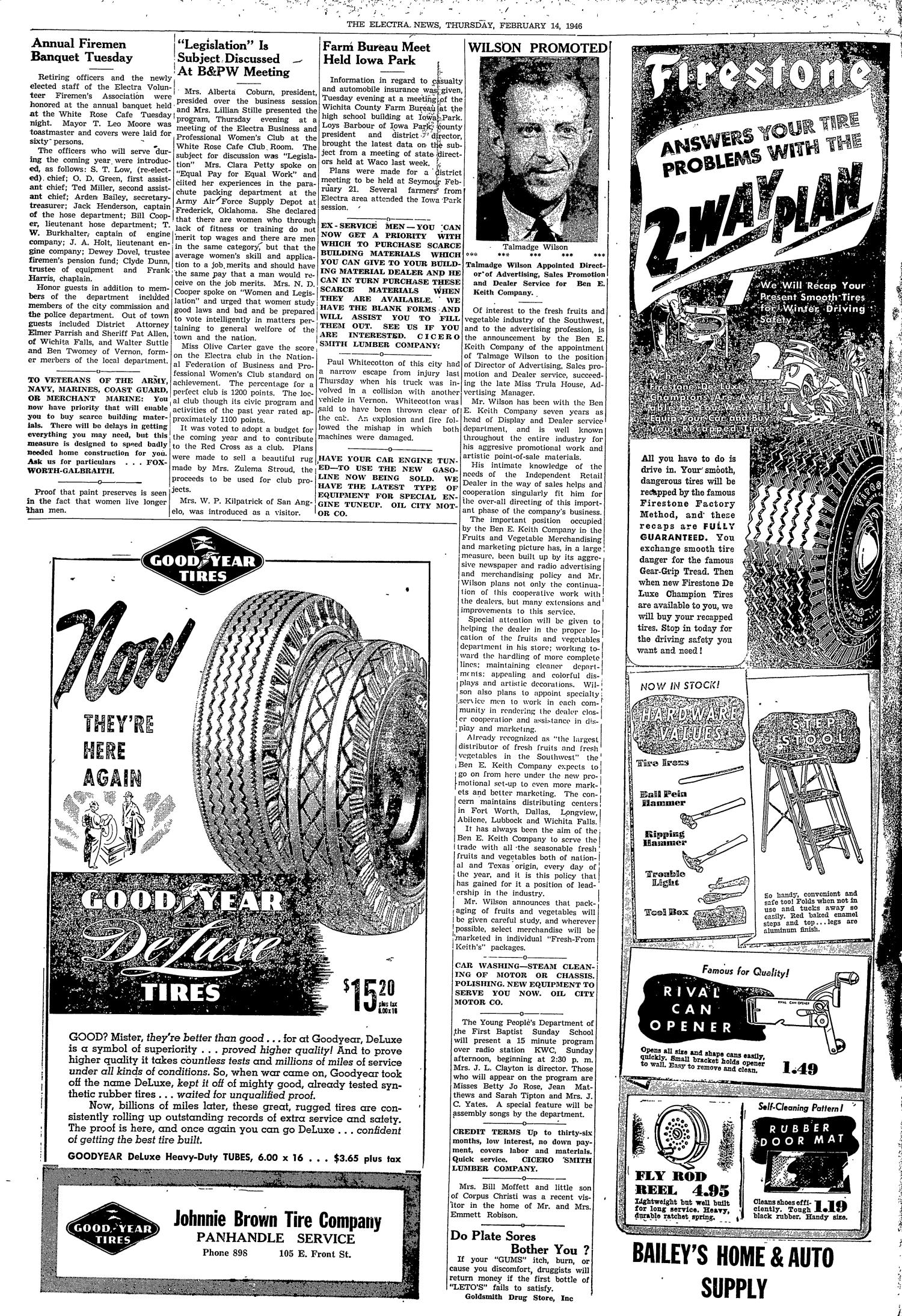 The Electra News (Electra, Tex.), Vol. 38, No. 23, Ed. 1 Thursday, February 14, 1946
                                                
                                                    [Sequence #]: 6 of 6
                                                