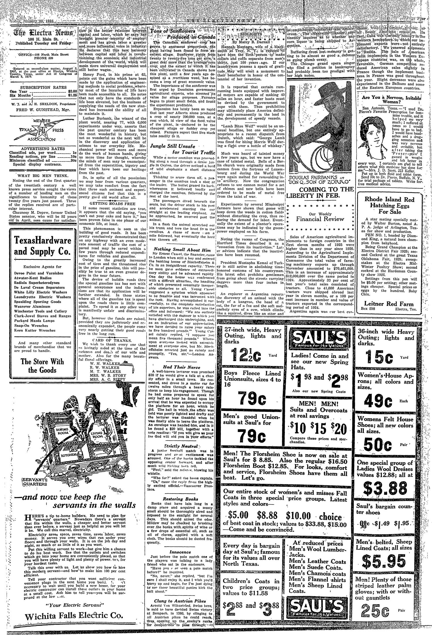 The Electra News (Electra, Tex.), Vol. 19, No. 39, Ed. 1 Friday, January 29, 1926
                                                
                                                    [Sequence #]: 4 of 8
                                                