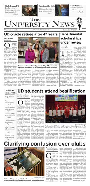 Primary view of object titled 'The University News (Irving, Tex.), Vol. 42, No. 5, Ed. 1 Wednesday, September 27, 2017'.