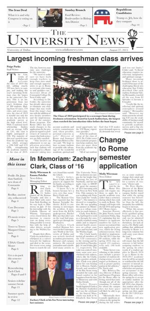 Primary view of object titled 'The University News (Irving, Tex.), Vol. 41, No. 1, Ed. 1 Wednesday, August 27, 2015'.