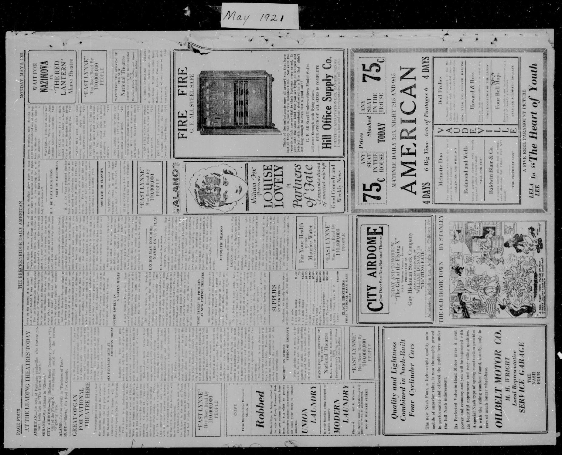 The Breckenridge Daily American (Breckenridge, Tex), Vol. 1, No. 262, Ed. 1, Monday, May 2, 1921
                                                
                                                    [Sequence #]: 4 of 4
                                                