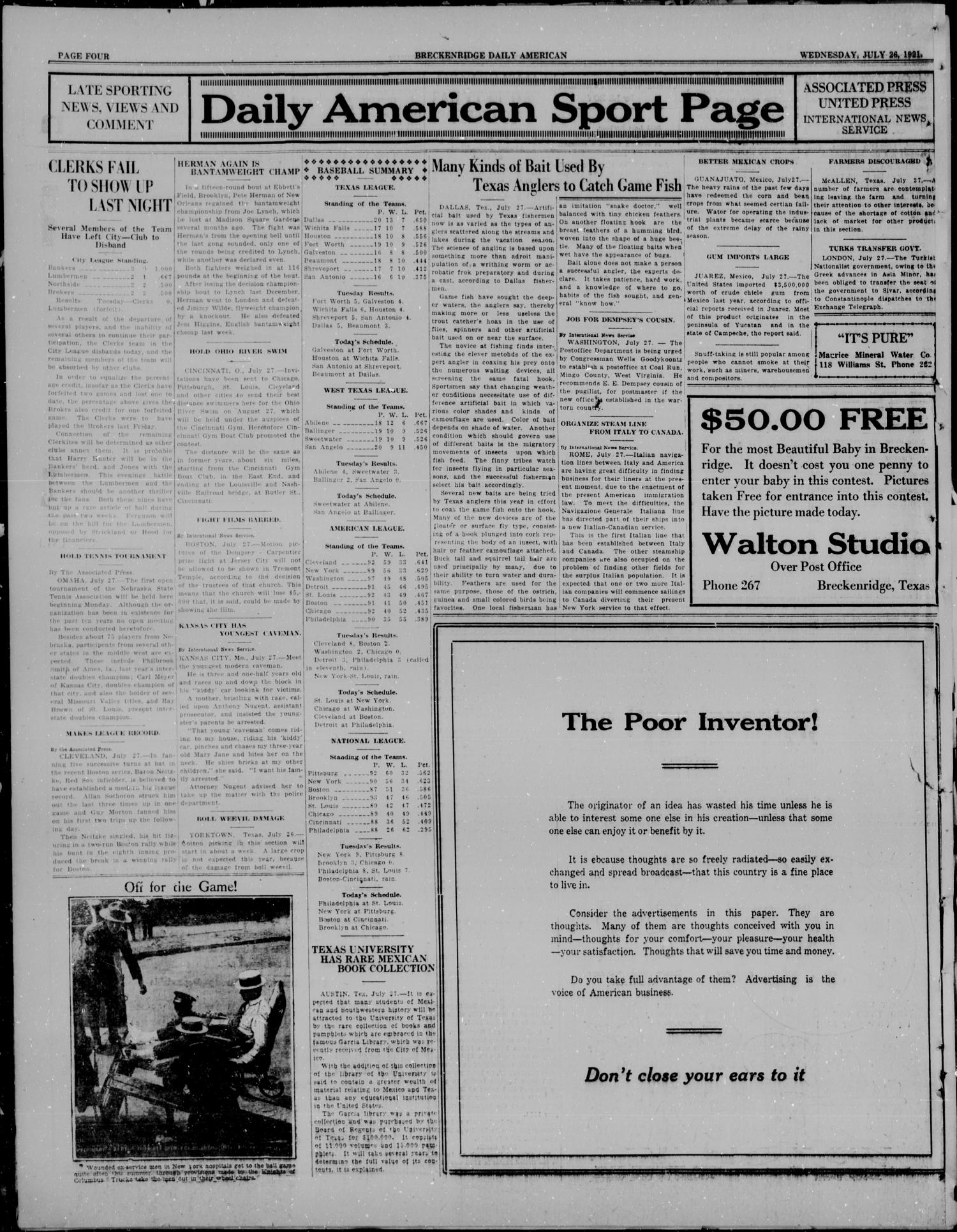 The Breckenridge Daily American (Breckenridge, Tex), Vol. 2, No. 24, Ed. 1, Wednesday, July 27, 1921
                                                
                                                    [Sequence #]: 4 of 6
                                                
