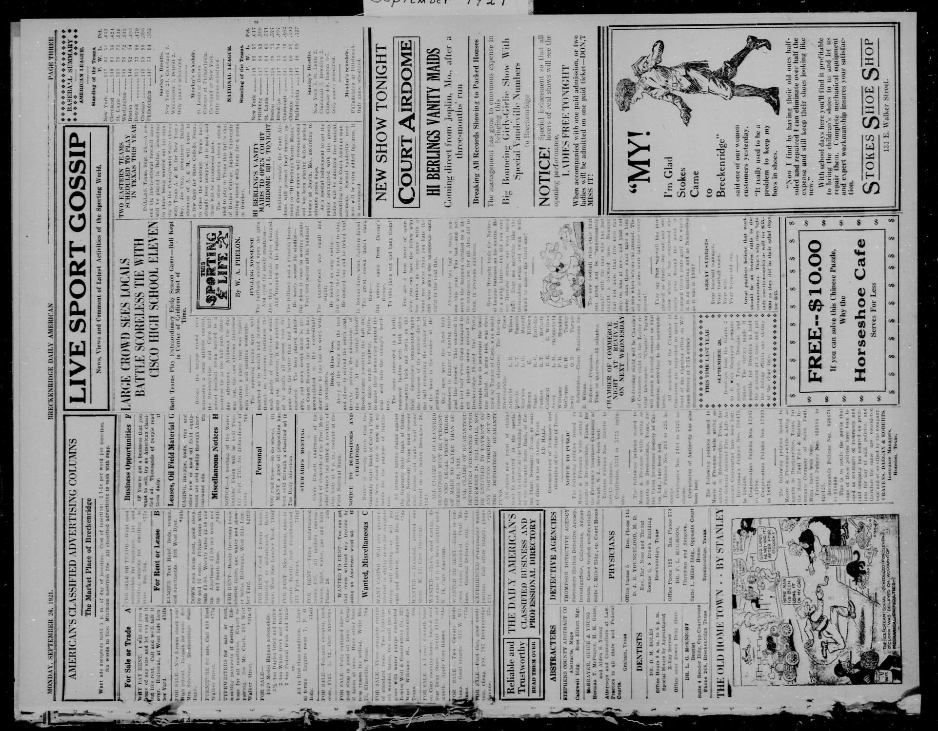 The Breckenridge Daily American (Breckenridge, Tex), Vol. 2, No. 76, Ed. 1, Monday, September 26, 1921
                                                
                                                    [Sequence #]: 3 of 4
                                                