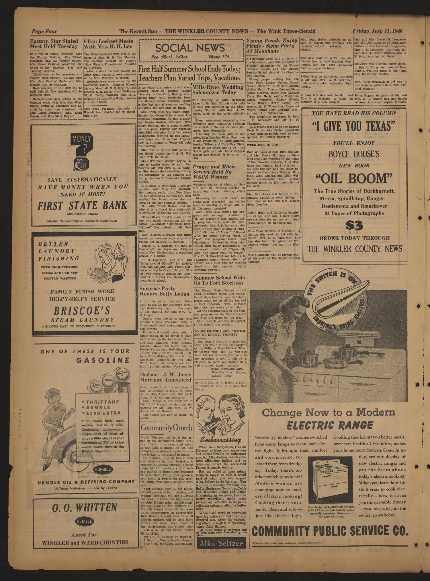 The Winkler County News (Kermit, Tex.), Vol. 6, No. 17, Ed. 1 Friday, July 11, 1941
                                                
                                                    [Sequence #]: 4 of 6
                                                