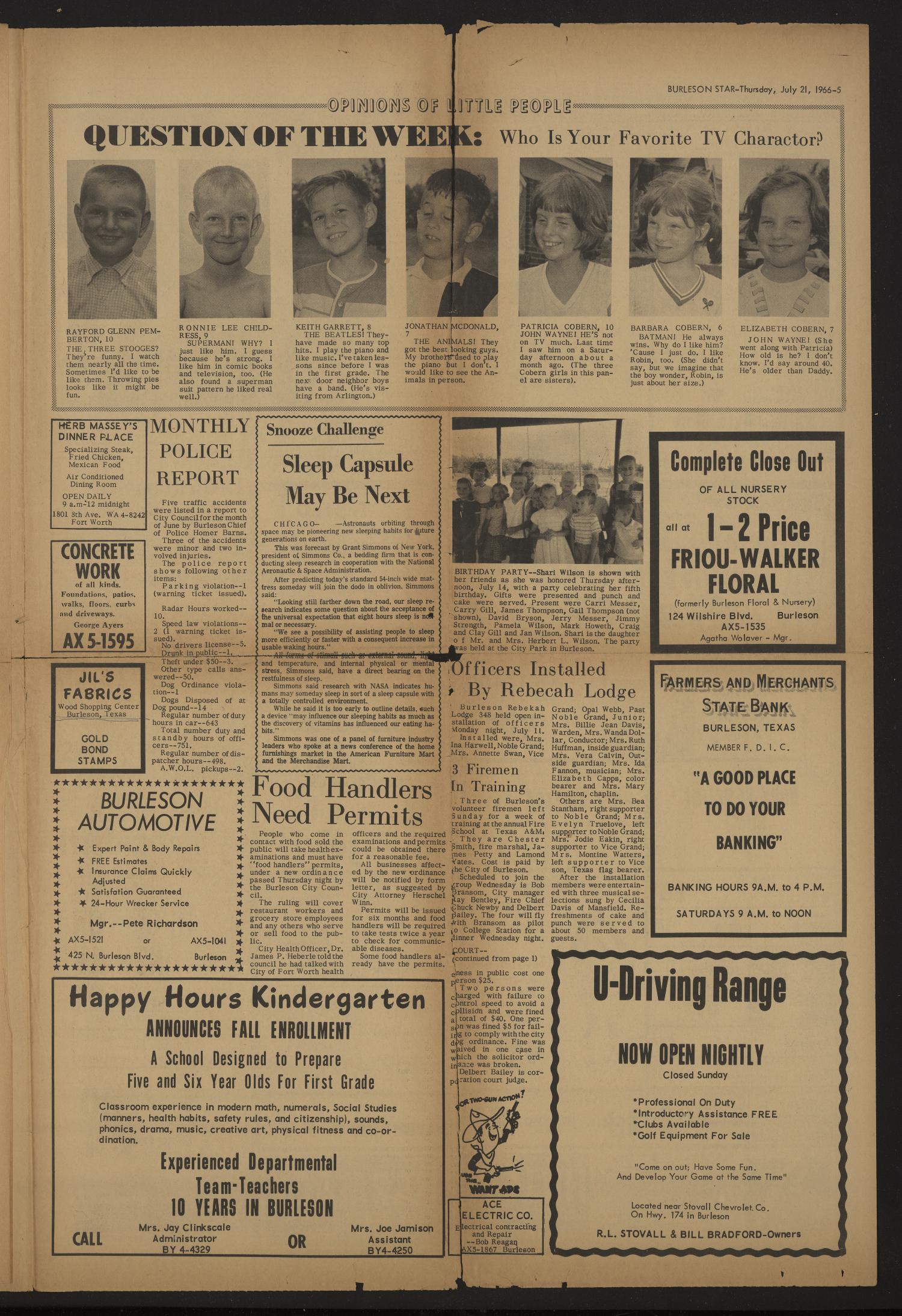 Burleson Star (Burleson, Tex.), Vol. 1, No. 37, Ed. 1 Thursday, July 21, 1966
                                                
                                                    [Sequence #]: 5 of 6
                                                
