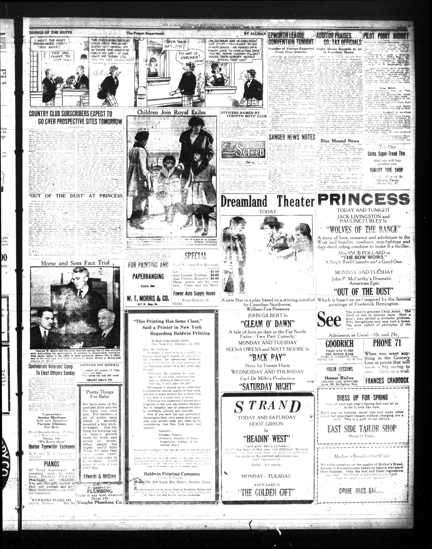 Denton Record-Chronicle (Denton, Tex.), Vol. 22, No. 174, Ed. 1 Saturday, March 4, 1922
                                                
                                                    [Sequence #]: 3 of 8
                                                