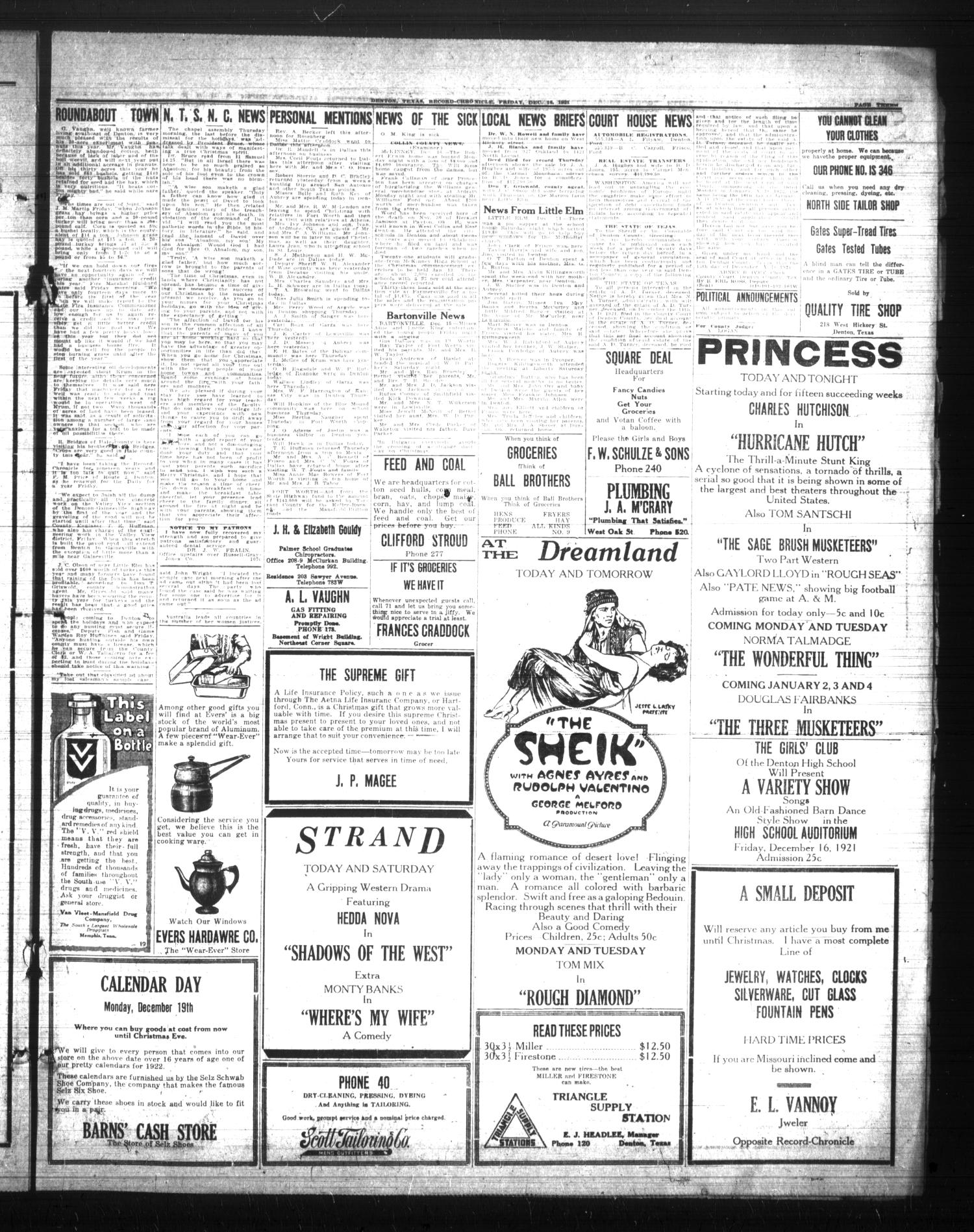 Denton Record-Chronicle (Denton, Tex.), Vol. 22, No. 107, Ed. 1 Friday, December 16, 1921
                                                
                                                    [Sequence #]: 3 of 8
                                                