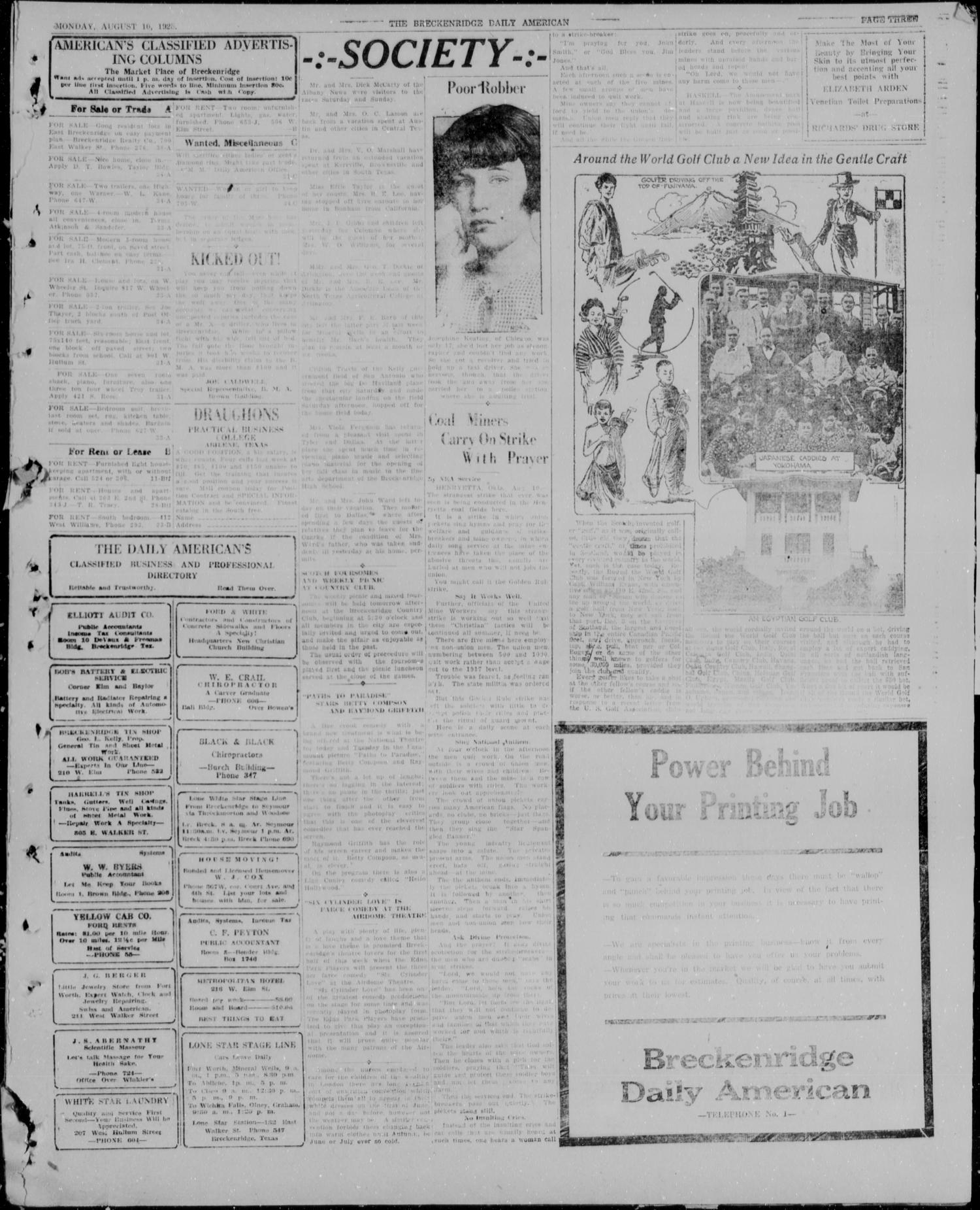 The Breckenridge Daily American (Breckenridge, Tex), Vol. 6, No. 31, Ed. 1, Monday, August 10, 1925
                                                
                                                    [Sequence #]: 3 of 4
                                                