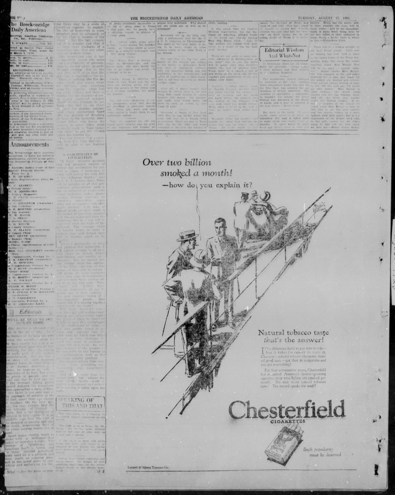 The Breckenridge Daily American (Breckenridge, Tex), Vol. 7, No. 37, Ed. 1, Tuesday, August 17, 1926
                                                
                                                    [Sequence #]: 2 of 6
                                                