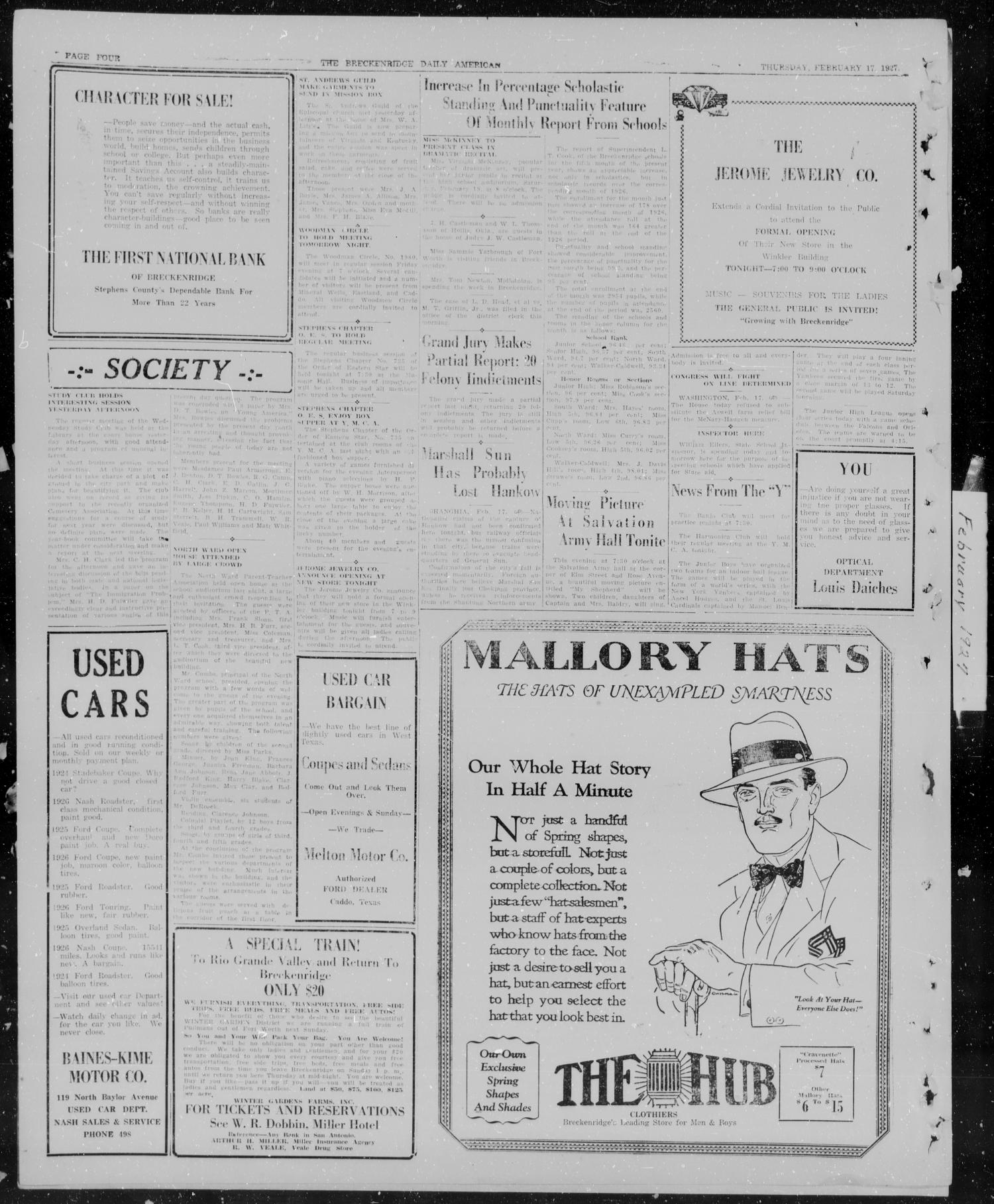 The Breckenridge Daily American (Breckenridge, Tex), Vol. 7, No. 194, Ed. 1, Thursday, February 17, 1927
                                                
                                                    [Sequence #]: 4 of 4
                                                